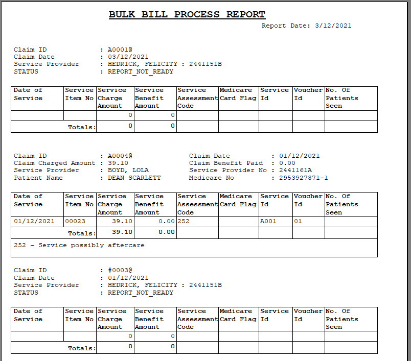 Bulk Bill Process Report